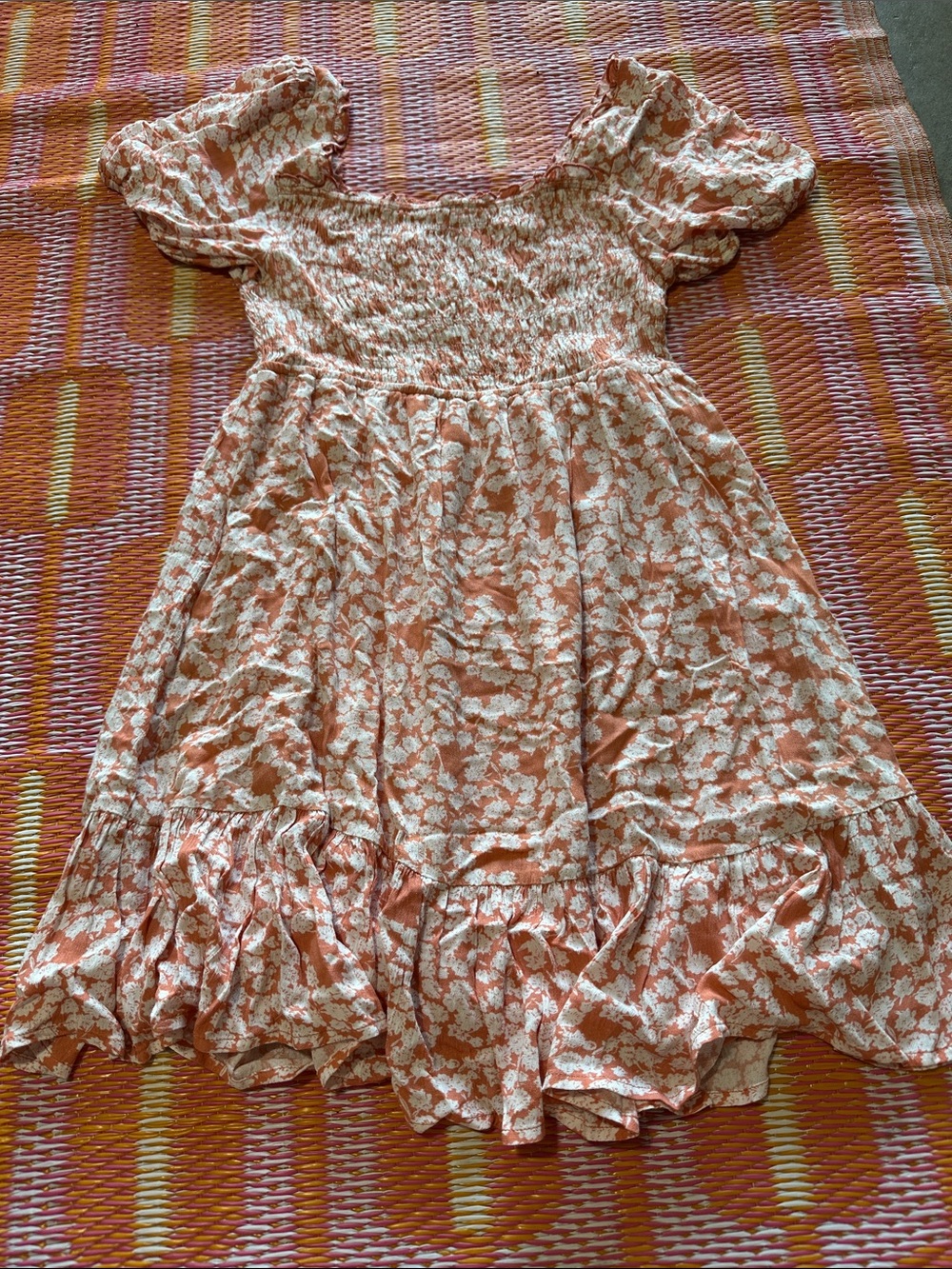 Smocked Puff-Sleeve Mini Dress in Peach Floral